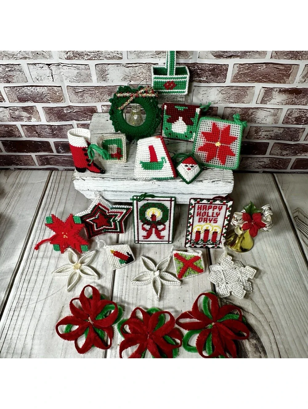 Vintage Lot 21 Plastic Canvas & Crocheted Christmas Ornaments & Poinsettia Decor